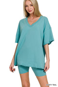 `..SI-26079 Cotton V Neck Top & Biker Shorts Set