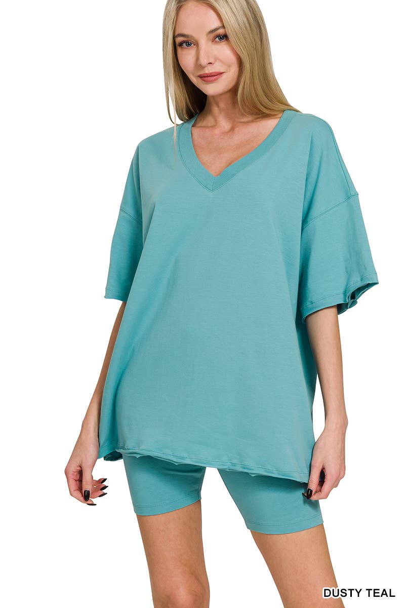 `..SI-26079 Cotton V Neck Top & Biker Shorts Set