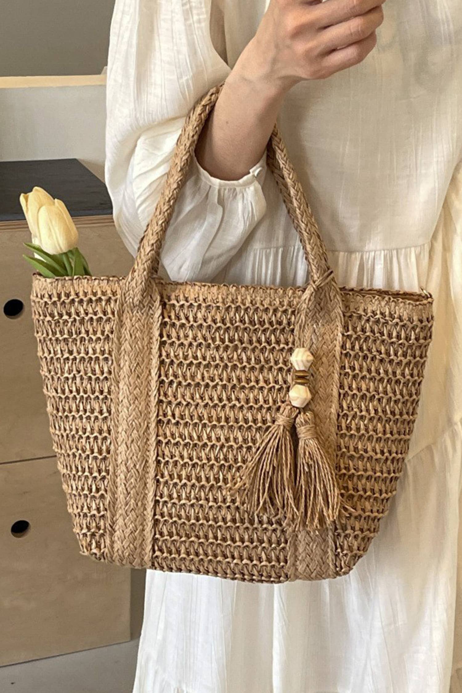 Rattan Woven Beach Vacation Shoulder Tote Bag