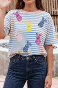 Stripe Sequin Easter Bunny Patched Drop Shoulder Tee (S-Xl)