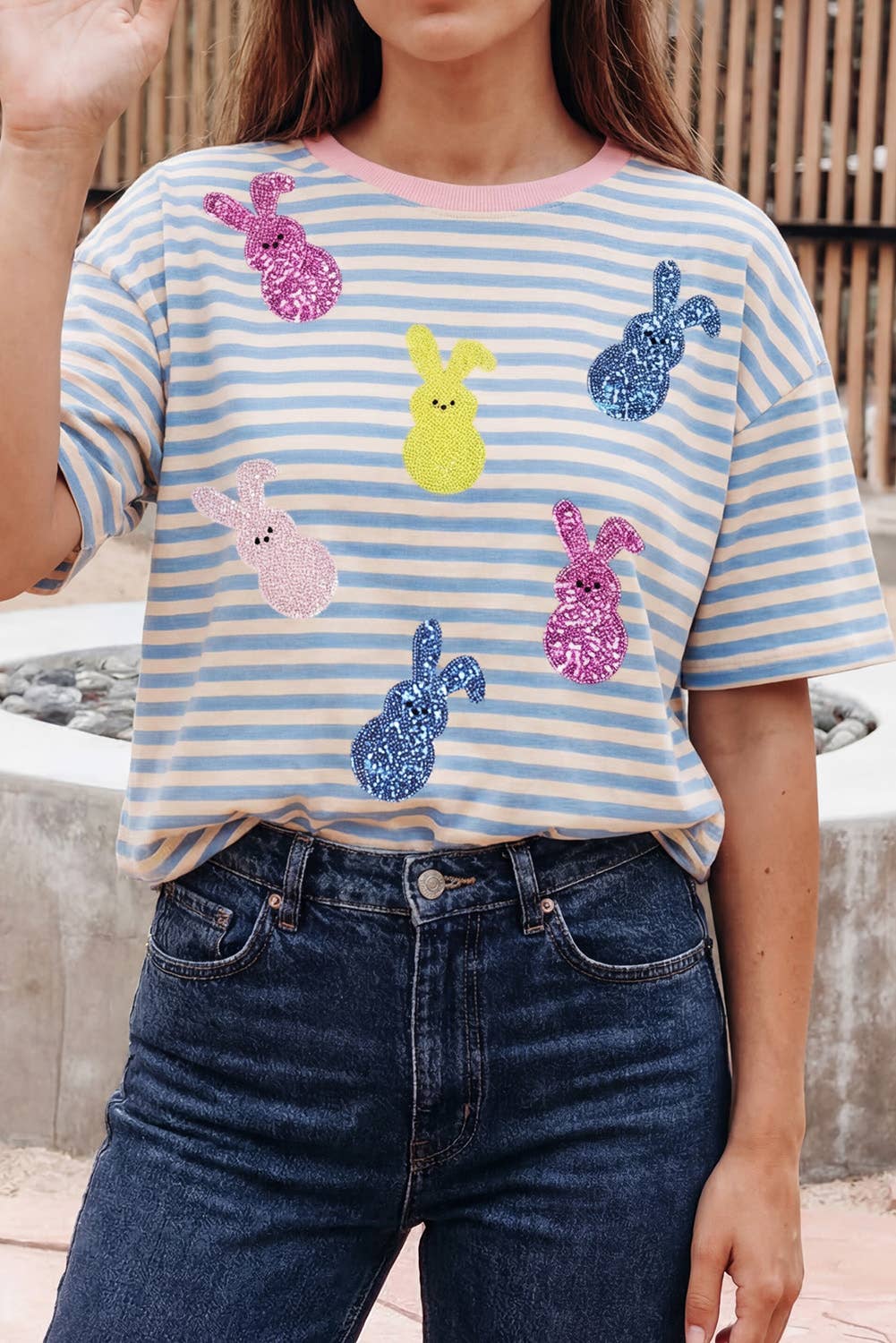 Stripe Sequin Easter Bunny Patched Drop Shoulder Tee (S-Xl)