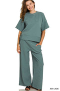 Ribbed Round Neck Tee & Pants Set SI-29360