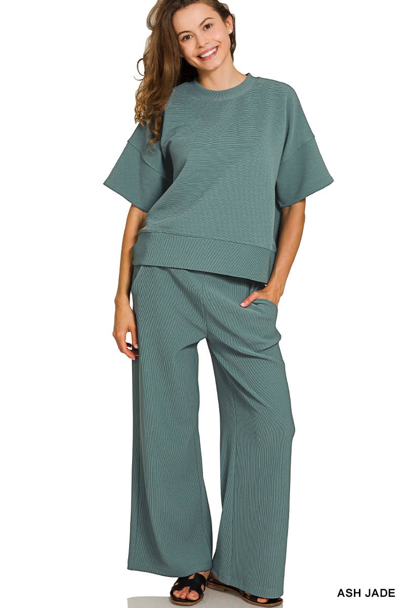 Ribbed Round Neck Tee & Pants Set SI-29360