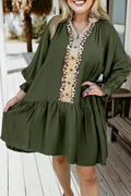 Plus Size Leopard Color Block Trim Button Detail Dress