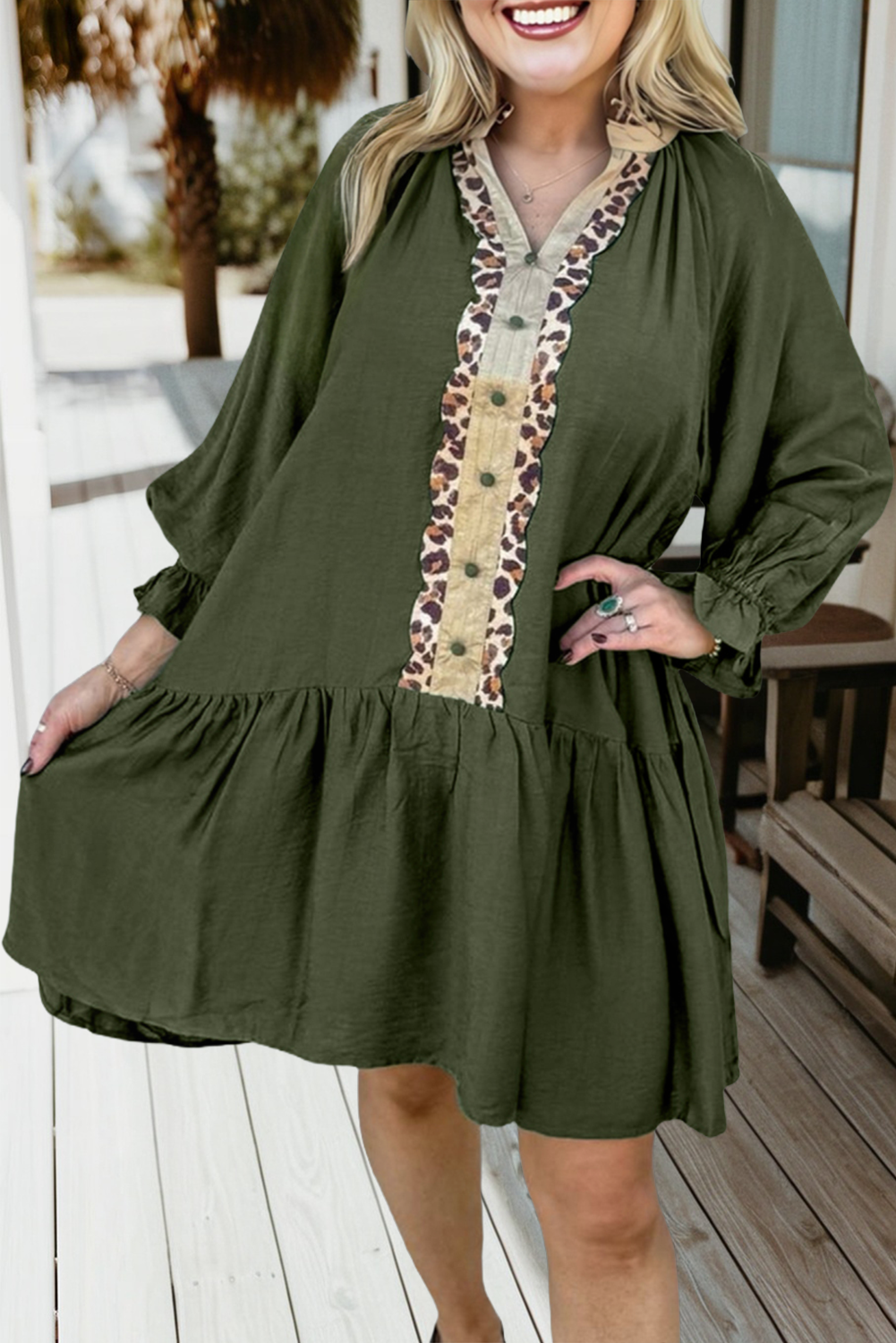 Plus Size Leopard Color Block Trim Button Detail Dress