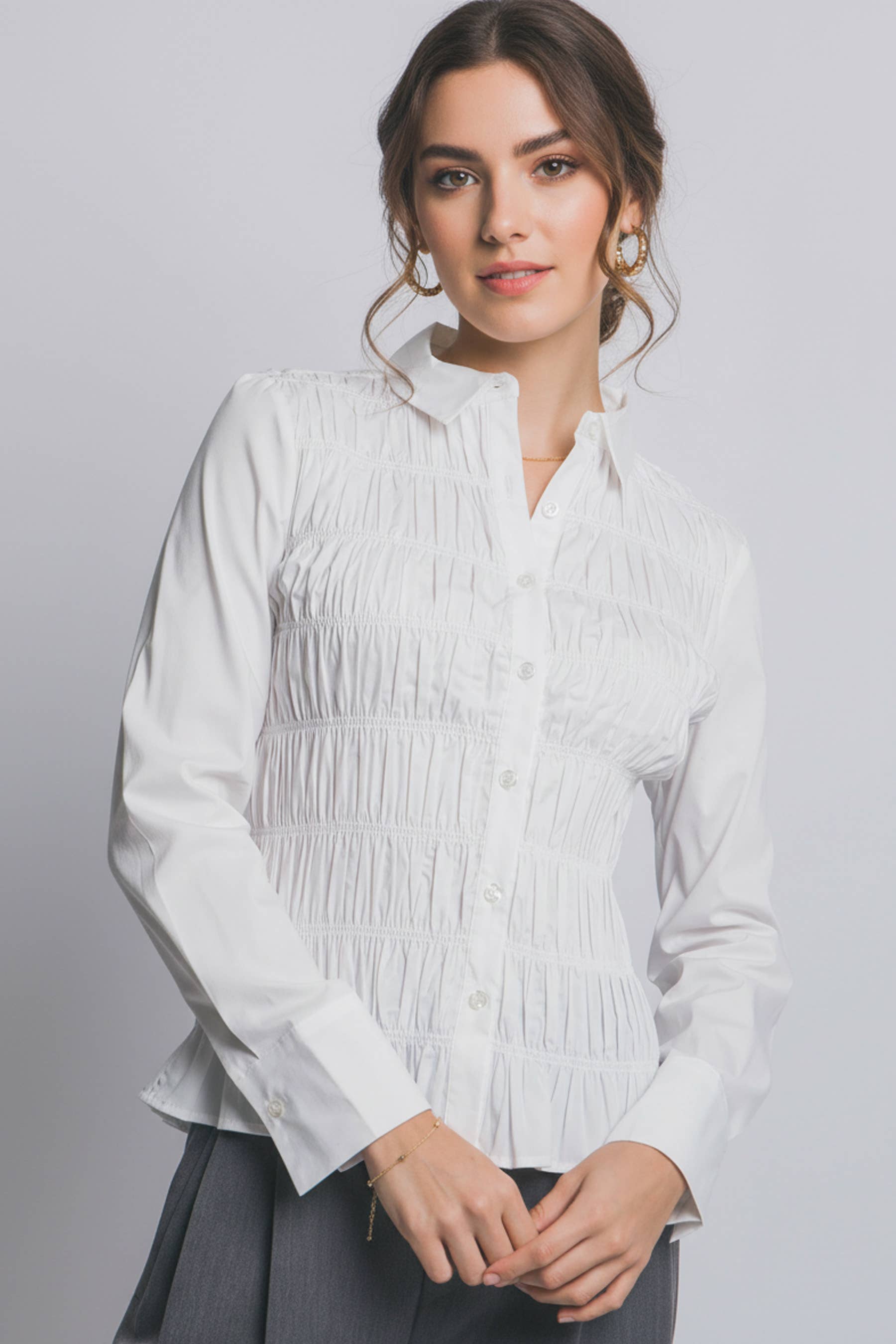 0107 Ruched Button-Down Shirt SI-29328