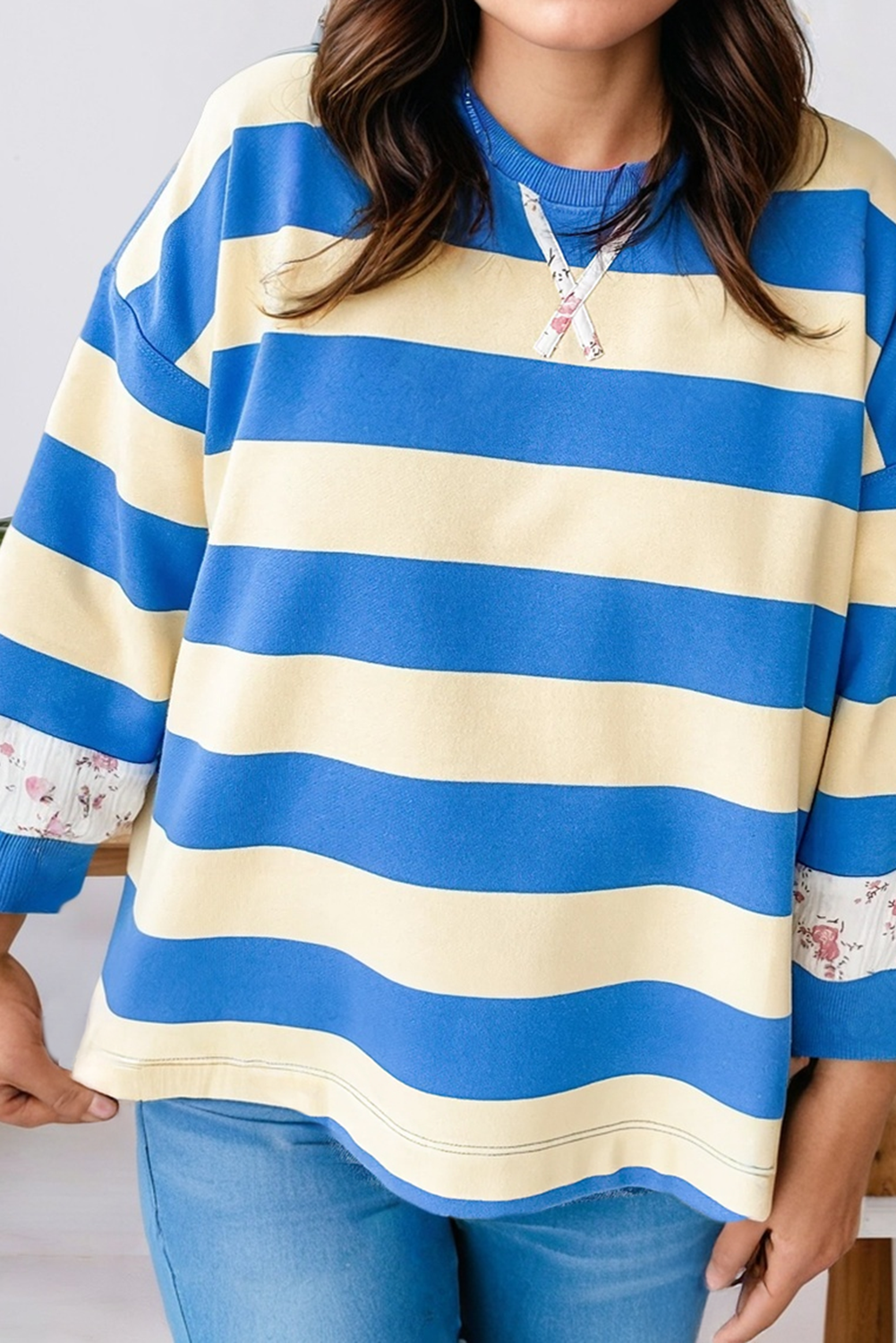 Stripe Floral Color Block Drop Shoulder Plus Size Top