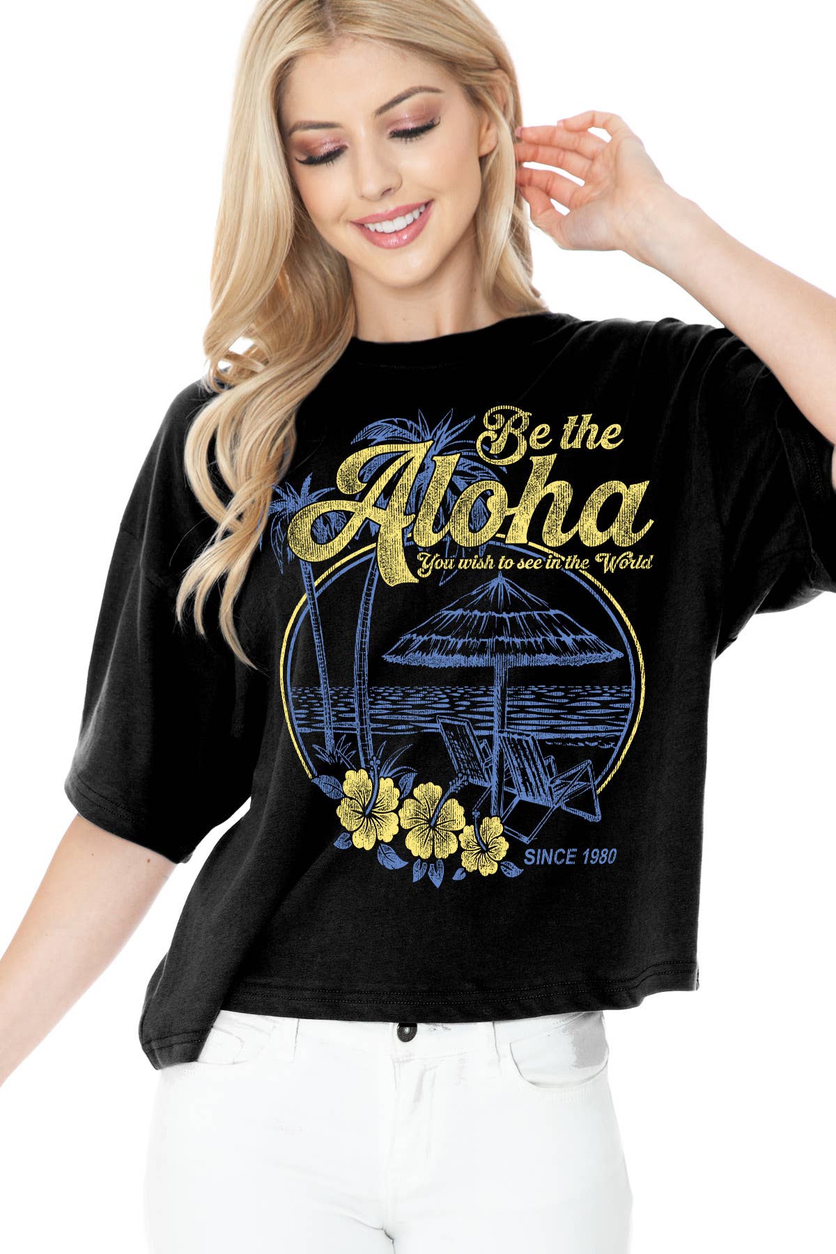 Women Aloha Graphic Print Short Sleeve Crop Top