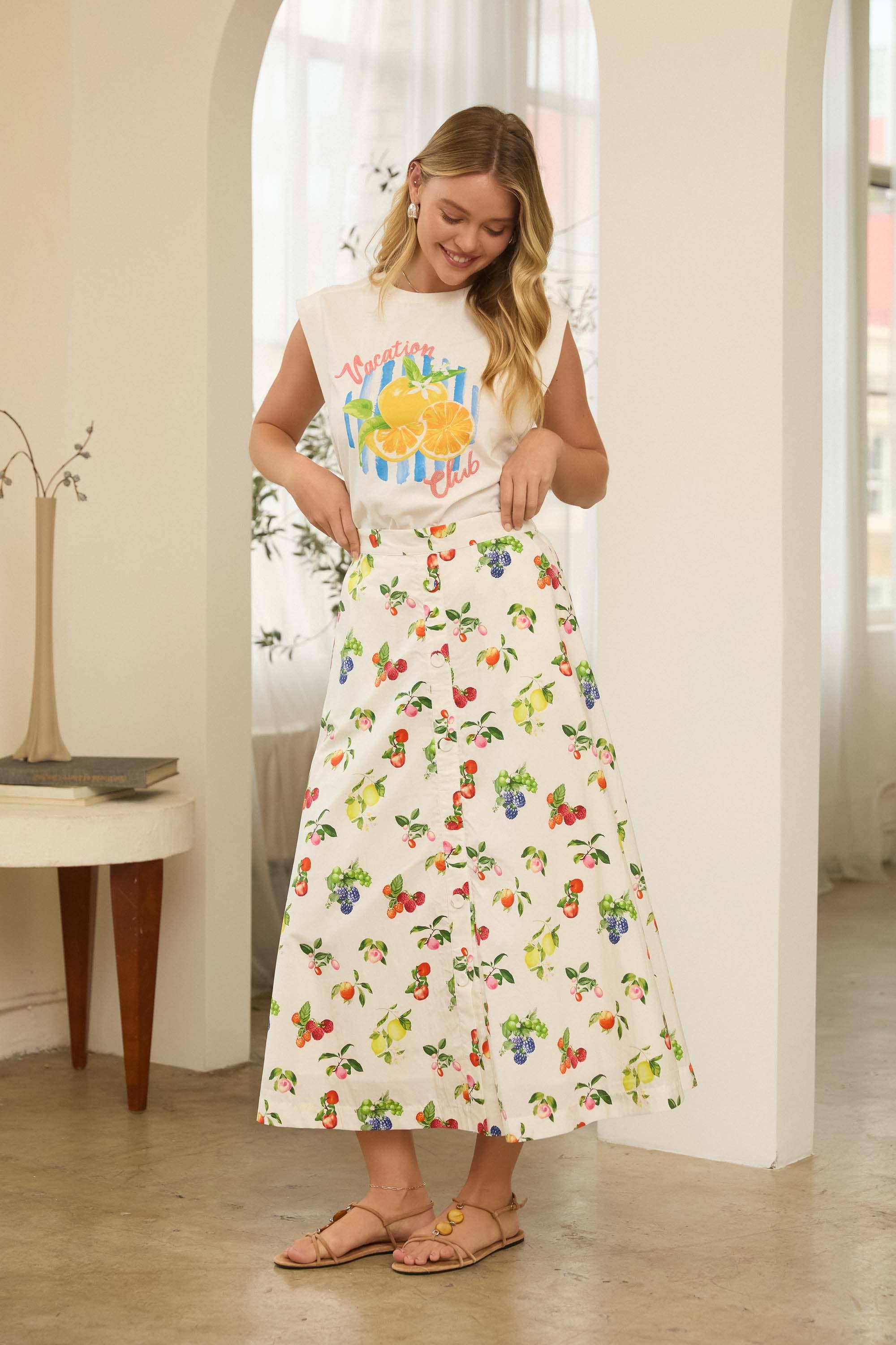 Fruit Print Button-Front Skirt
