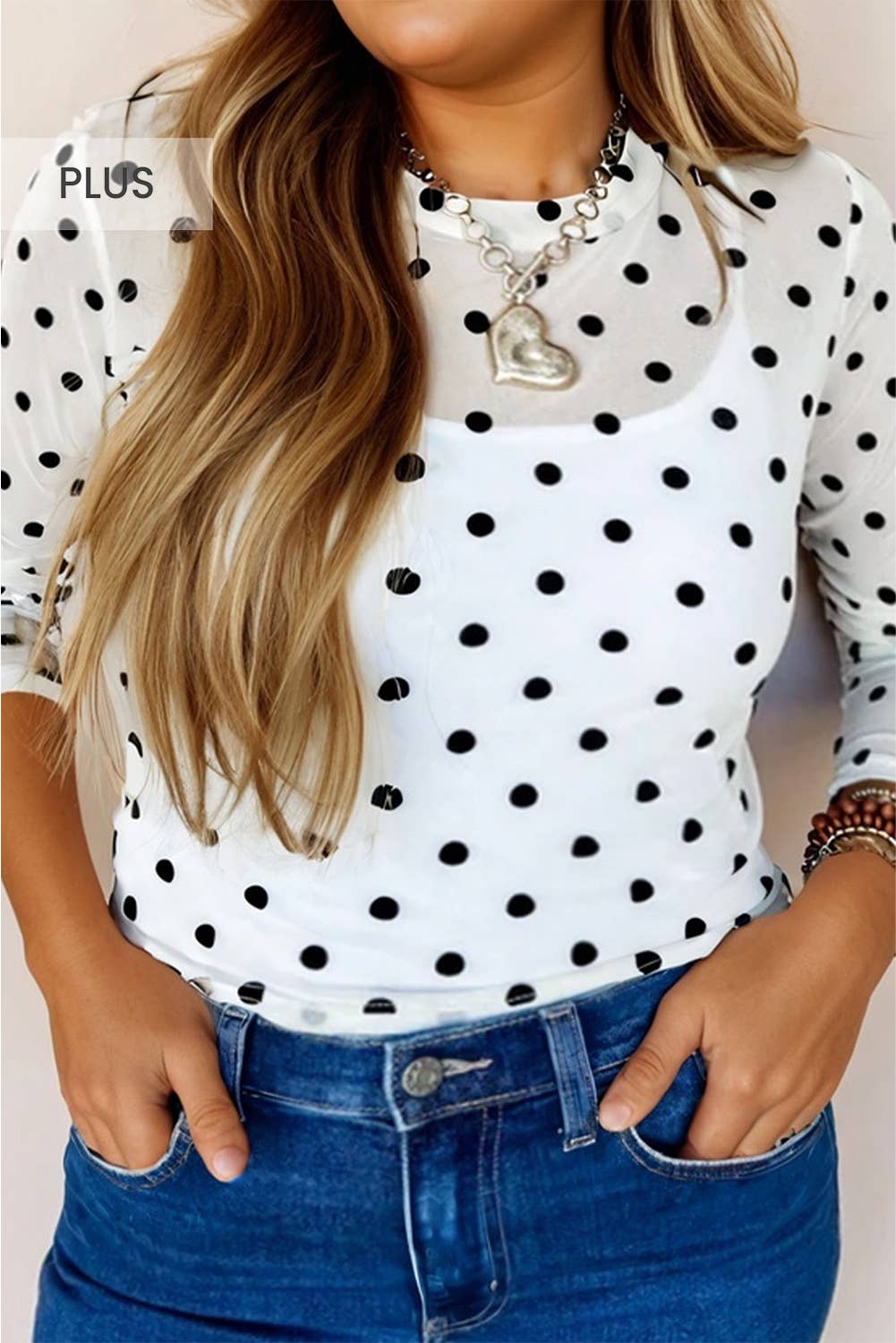Plus Size Polka Dot Long Sleeve Slim Top
