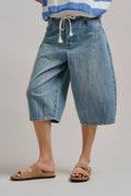 Drawstring Waist Barrel Leg Denim Shorts