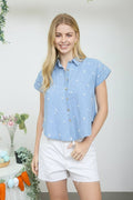 Embroidered Floral Pattern Button Down Denim Shirt