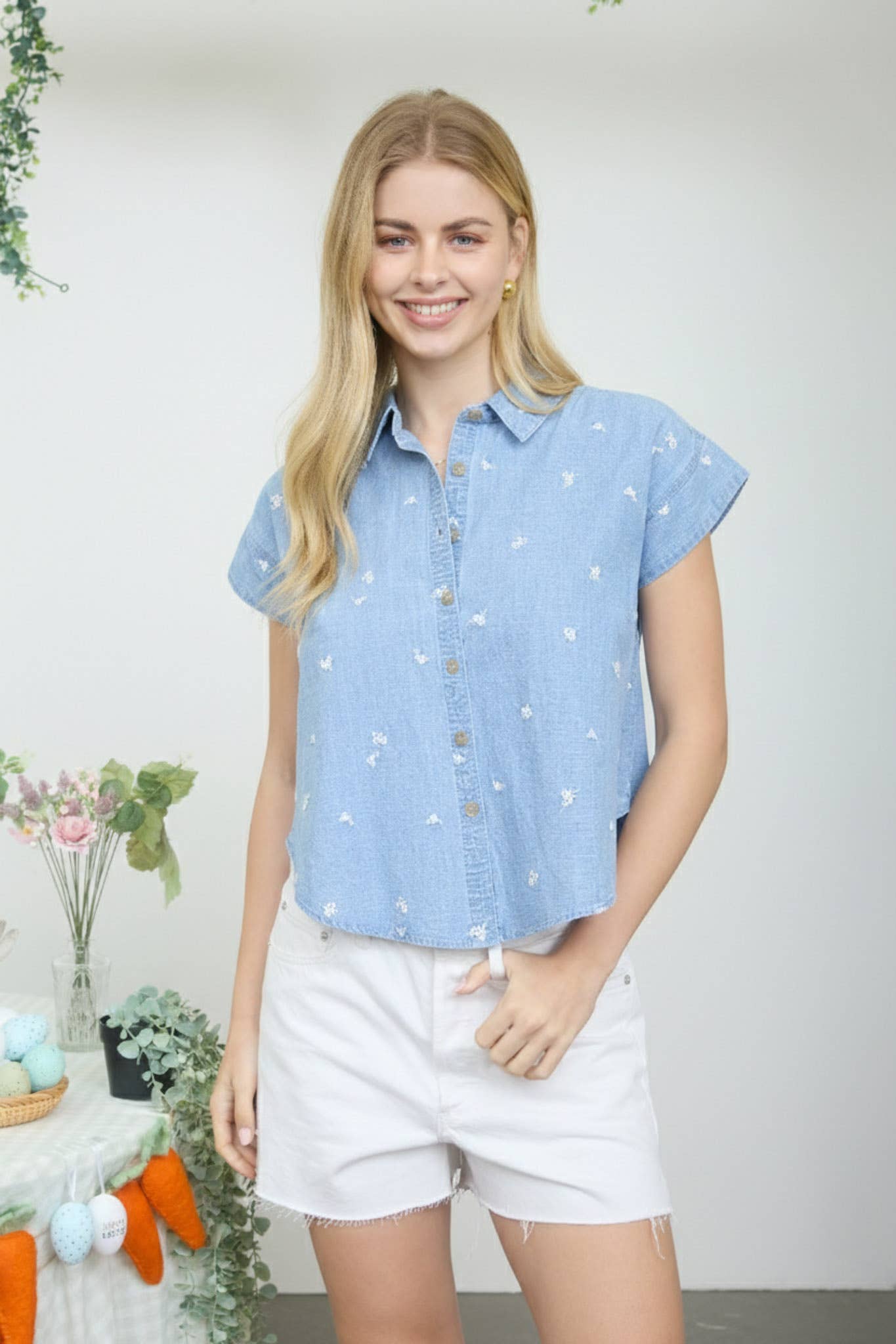 Embroidered Floral Pattern Button Down Denim Shirt