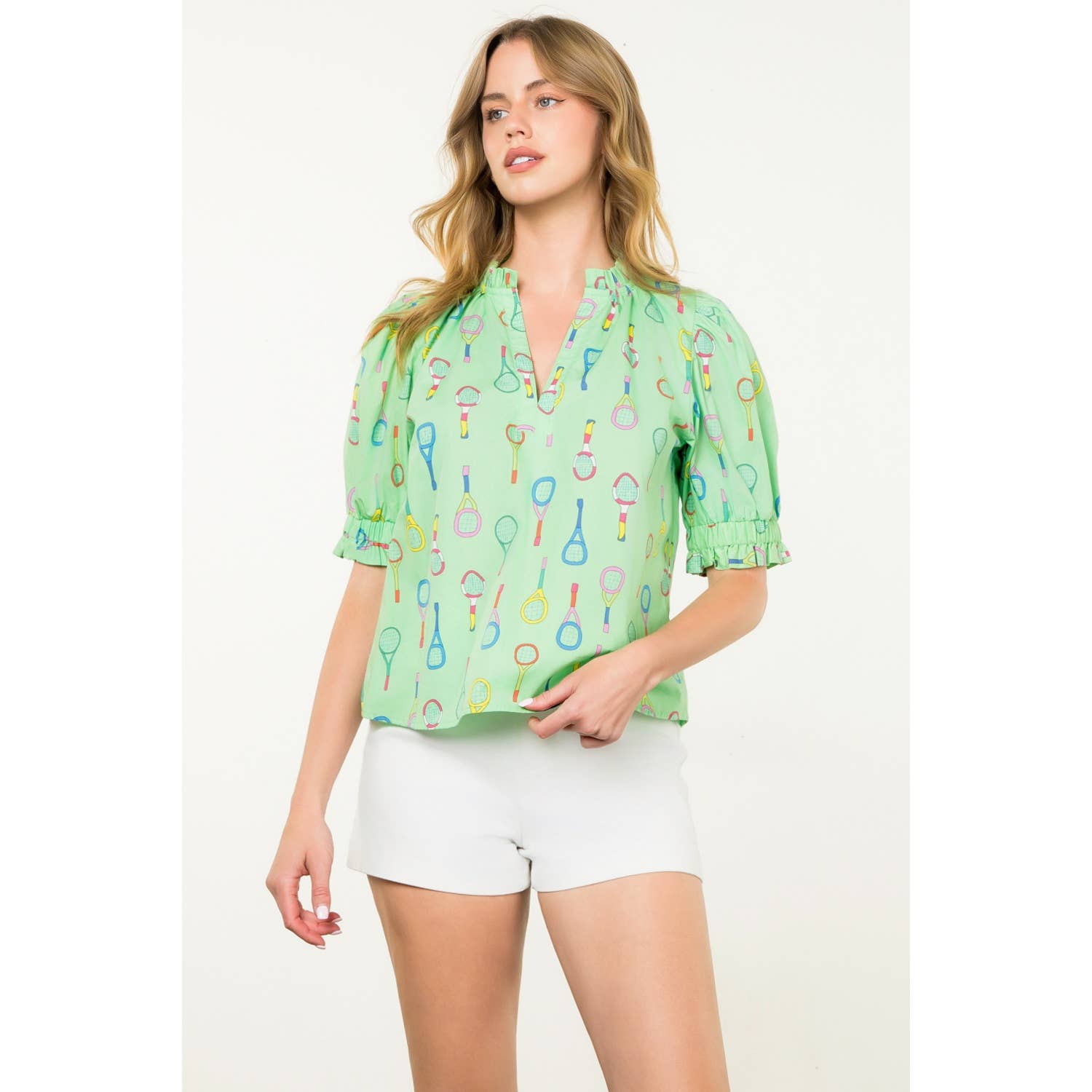 Tennis Racket Print V-Neck Top