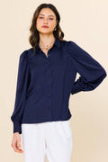 Long Sleeve Recycled Poly Button-Down Puff Shoulder Blouse
