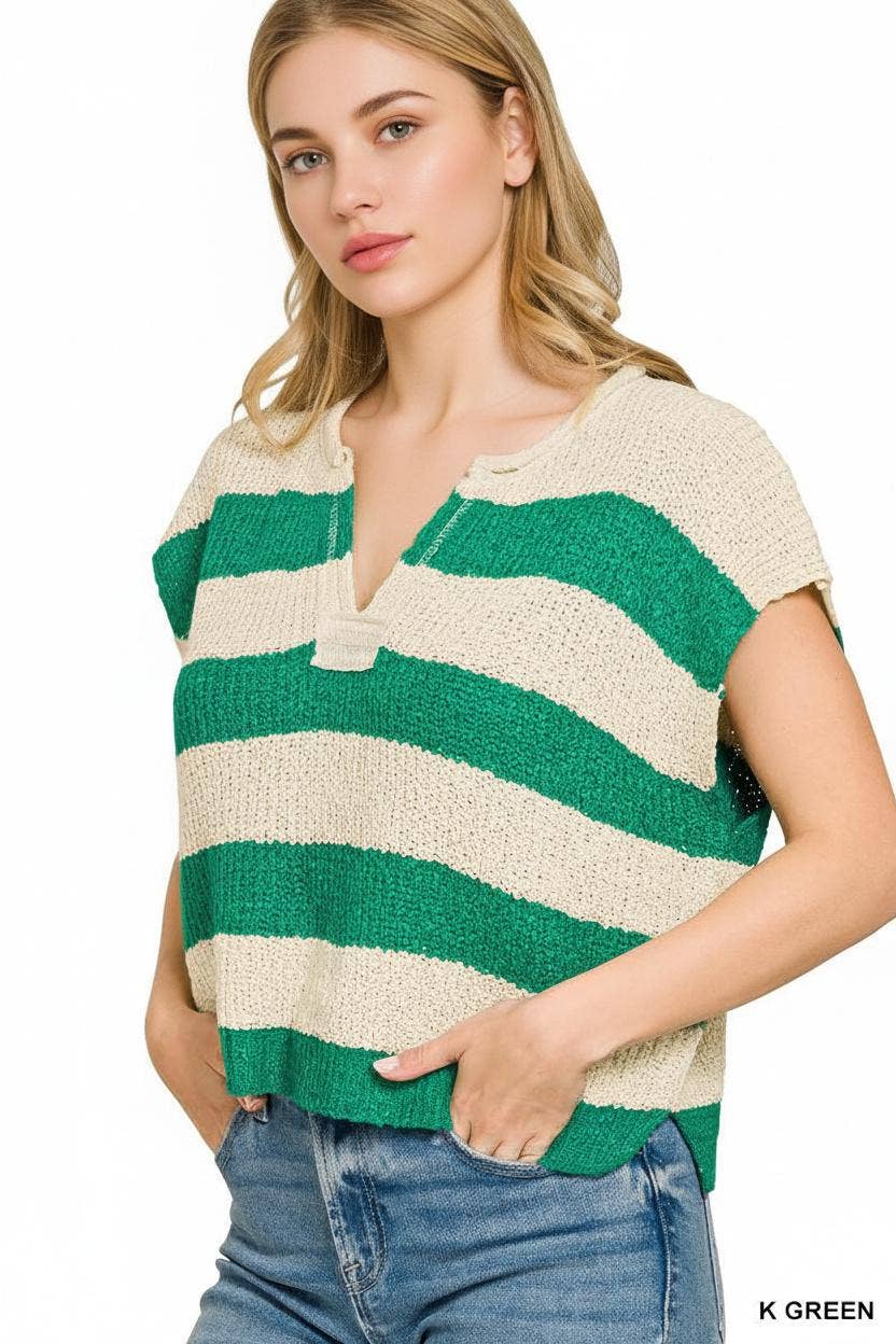 0316 Split Neck Stripe Sleevless Sweater SI-29605