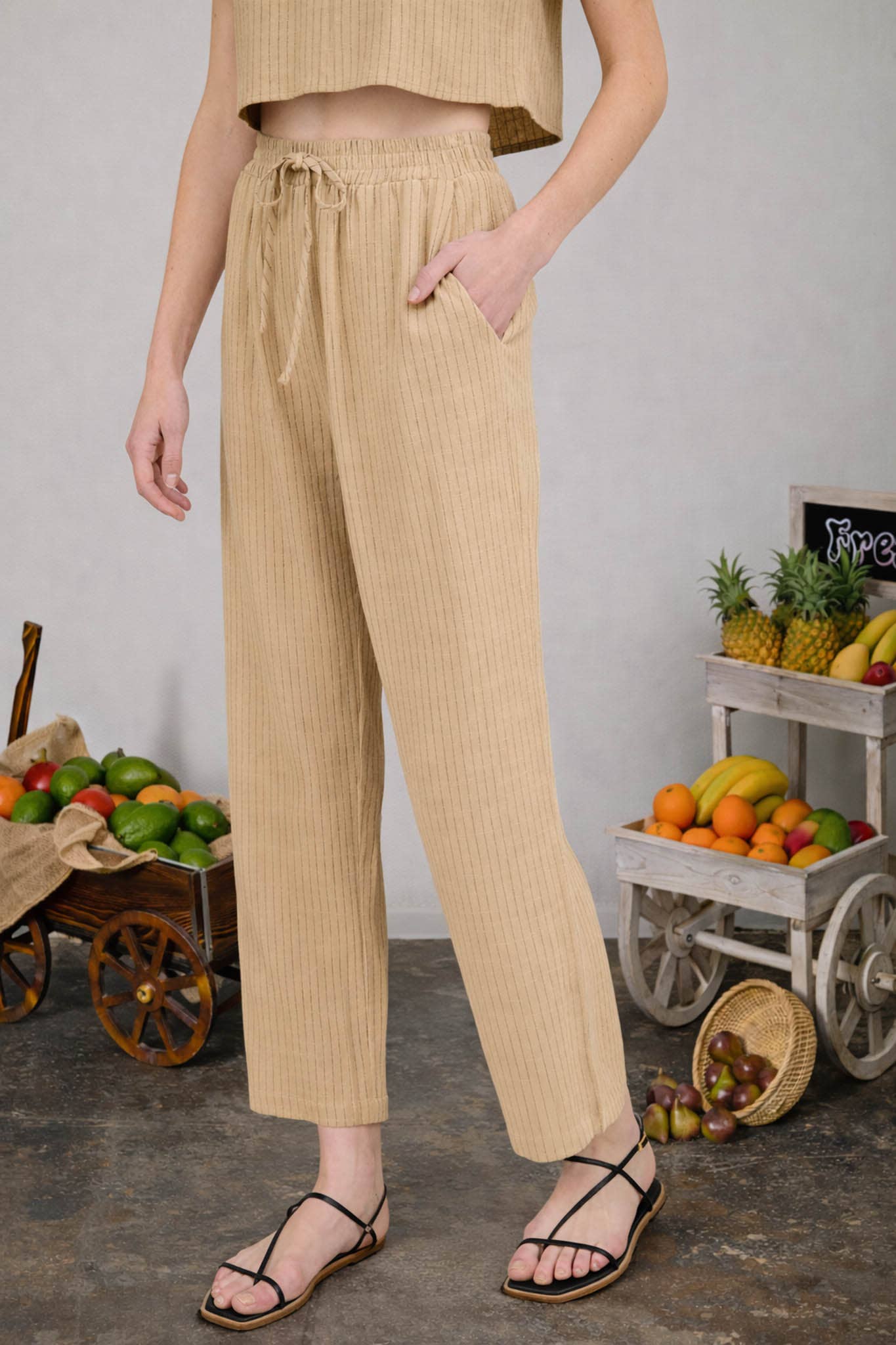 Pinstripe Drawstring Straight Leg Linen Pants