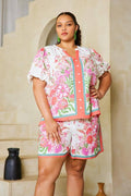 Plus Size Floral Border Short Sleeve Blouse