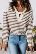 Stripe Textured Hooded V Neck Casual Long Sleeve Top