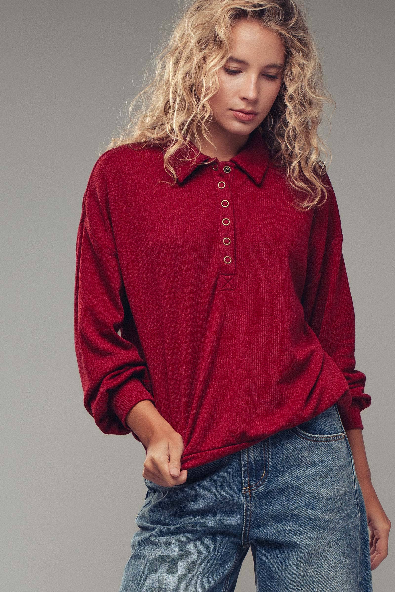 Waffle Knit Collared Snap Placket Pullover