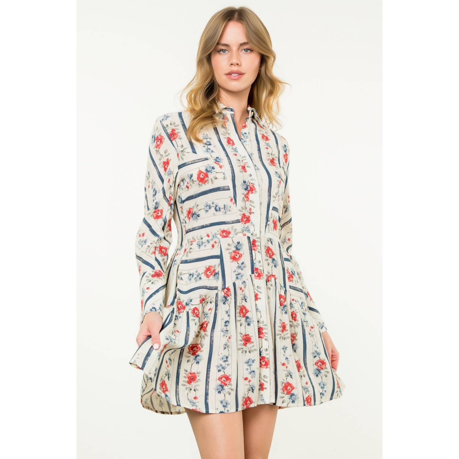 Long Sleeve Button Front Floral Dress