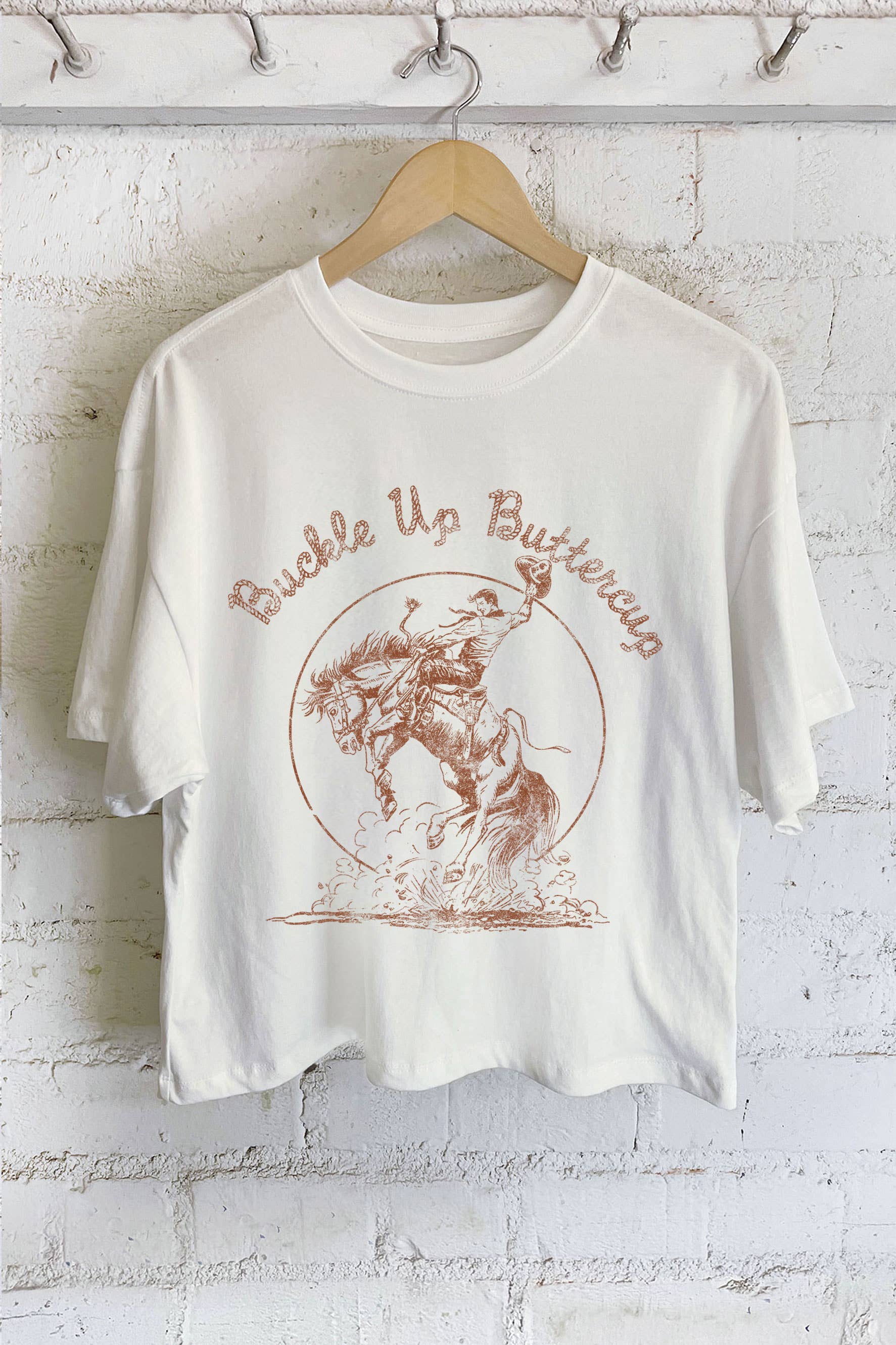 Buckle Up Buttercup Cowboy Graphic Long Crop Top