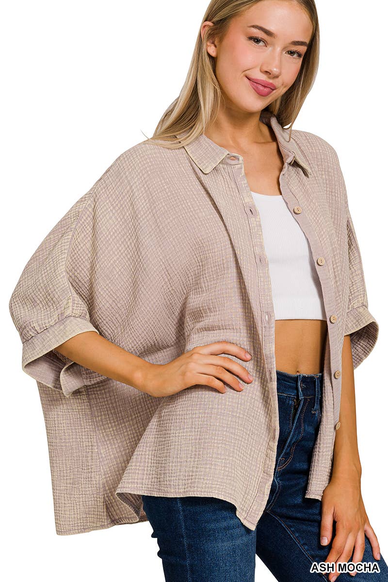 "....Washed Double Gauze Button Down Half Sleeve Shirt