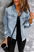 Lapel Distressed Raw Hem Buttons Denim Jacket (S-2XL)