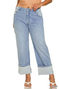0123 Plus High Rise Cuffed Wide Leg Denim Pants SI-28062