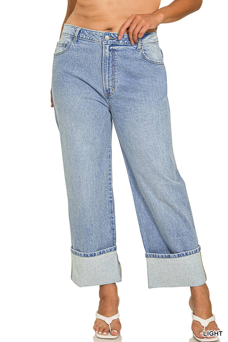 0123 Plus High Rise Cuffed Wide Leg Denim Pants SI-28062