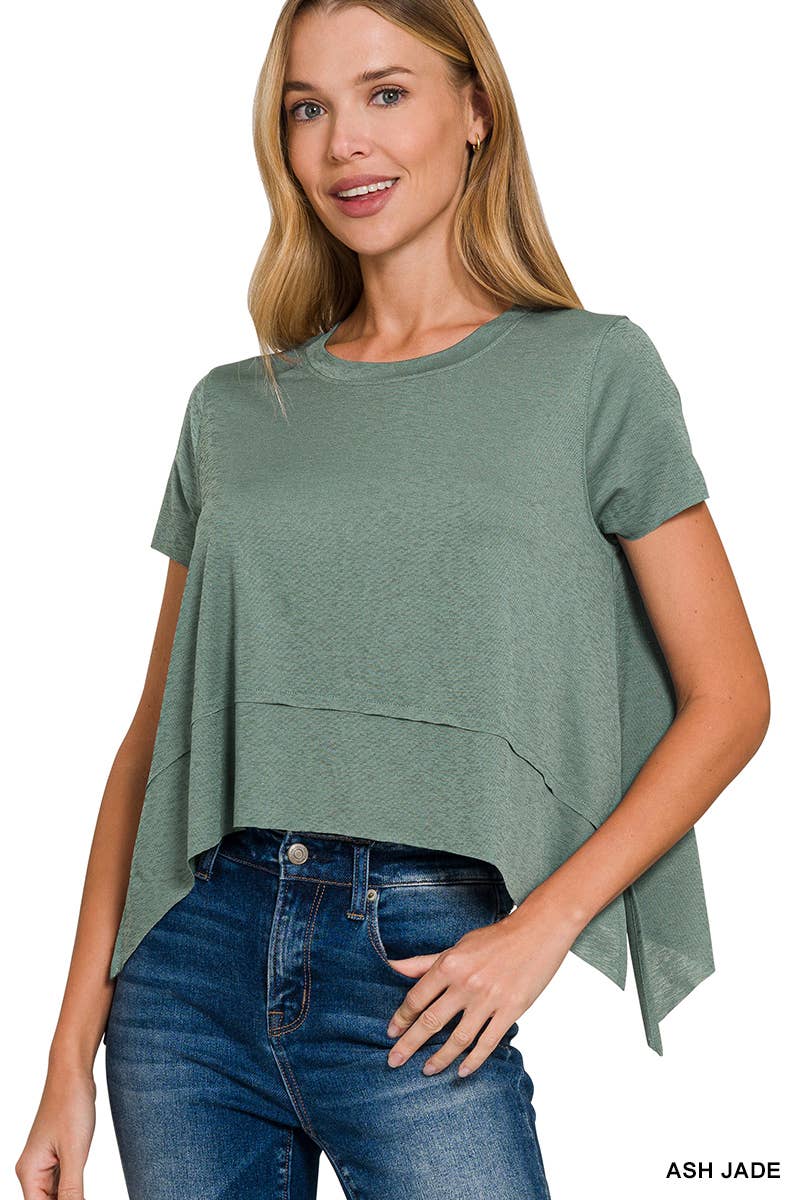 ...._ SI-26318 Shark Bite Side Slit Short Sleeve Top
