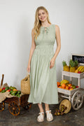 Front Tie Smocked Sleeveless Shirred Midi Dress (Pre-Order)