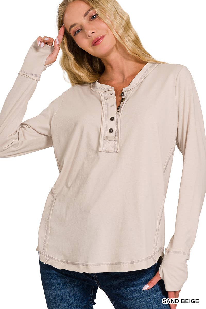 .SI-24797 Thumb Hole Cuffs Button Closure Long Sleeve Top
