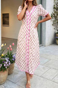 Floral Print V Neck Scallop Trim Button Front Dress (S-Xl)