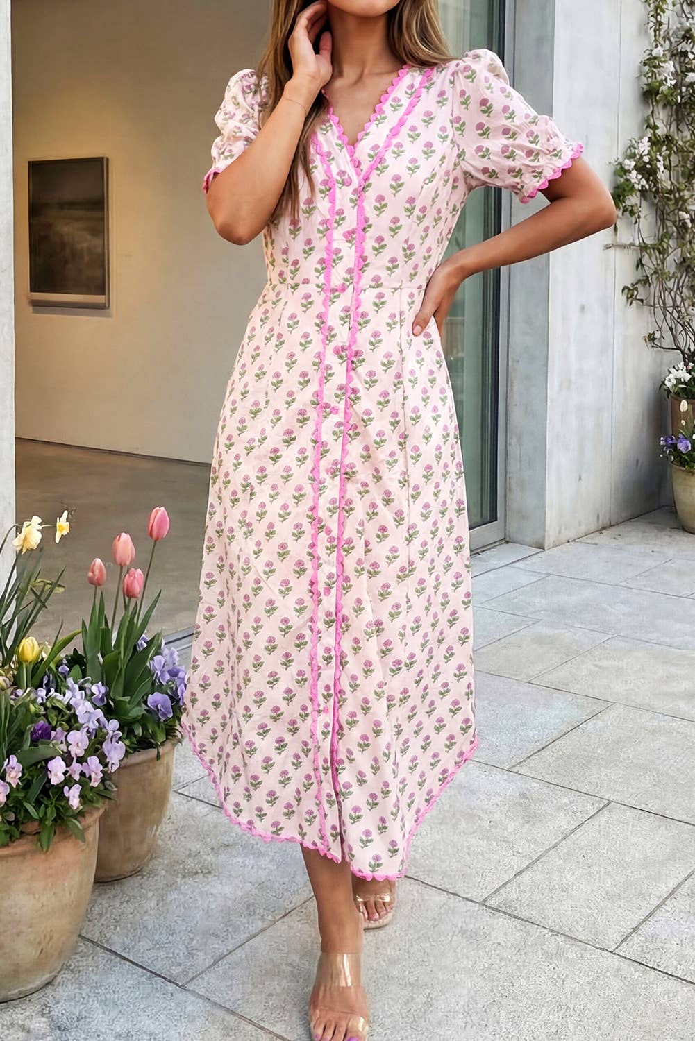 Floral Print V Neck Scallop Trim Button Front Dress (S-Xl)