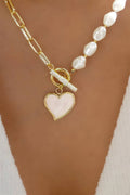 Heart Shape Pendant Rhinestone Decor Pearl Chain Necklace