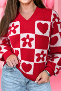 V Neck Floral Heart Detail Checkered Knit Sweater (S-Xl)