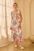 Sleeveless Printed Tiered Midi Dress with Shoulder Tie