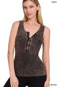 0807 Washed Ribbed Button Closure Tank Top w/ Back Patch SI-24676
