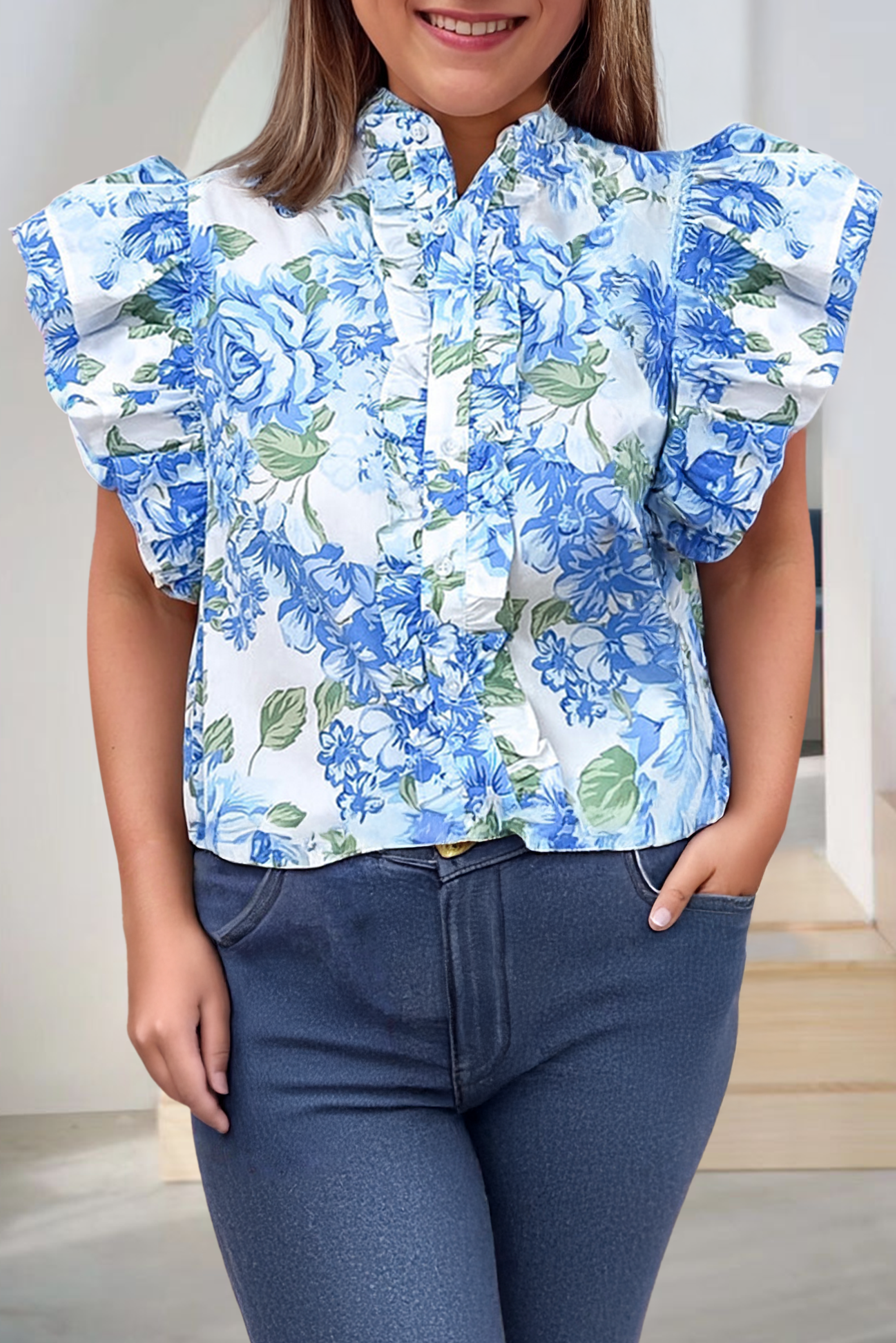 Floral Print Ruffle Sleeve Frilly Button Up Shirt (S-Xl)