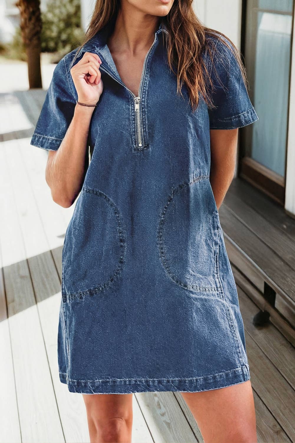 Zip Up Collared Short Sleeve Shift Mini Denim Dress (S-Xl)