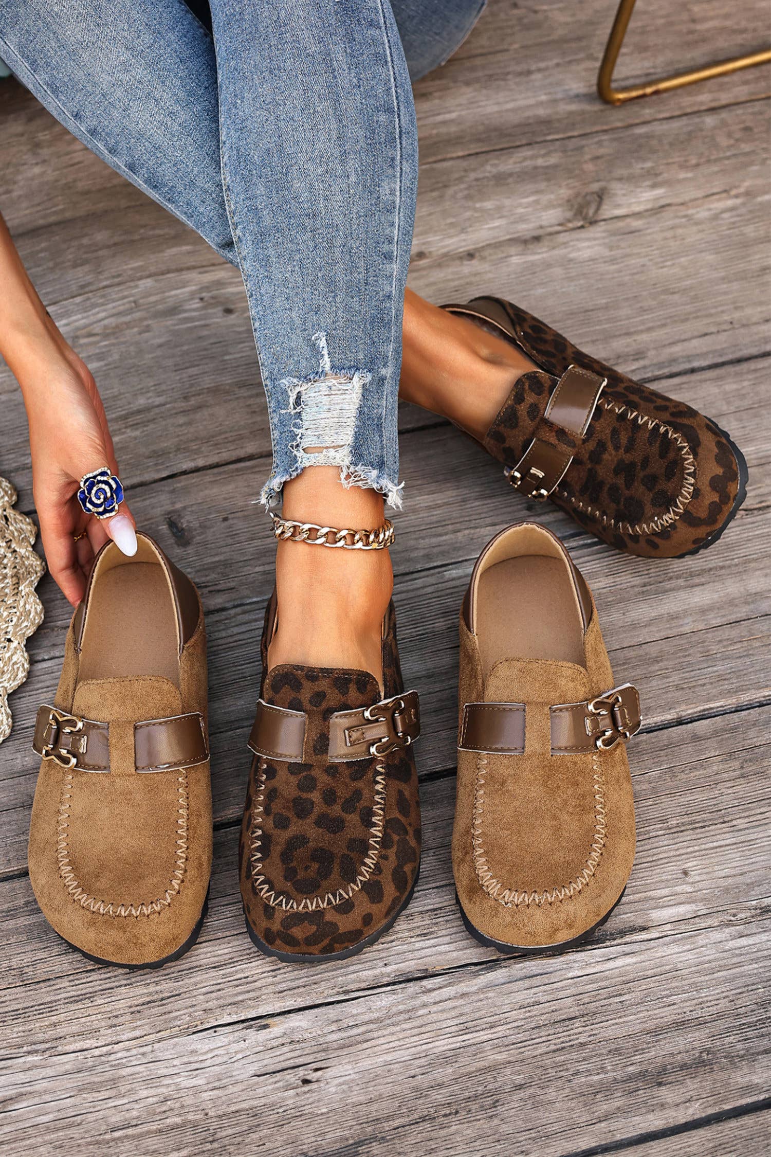 Faux Suede Pu Leather Patchwork Retro Buckle Slip On Shoes