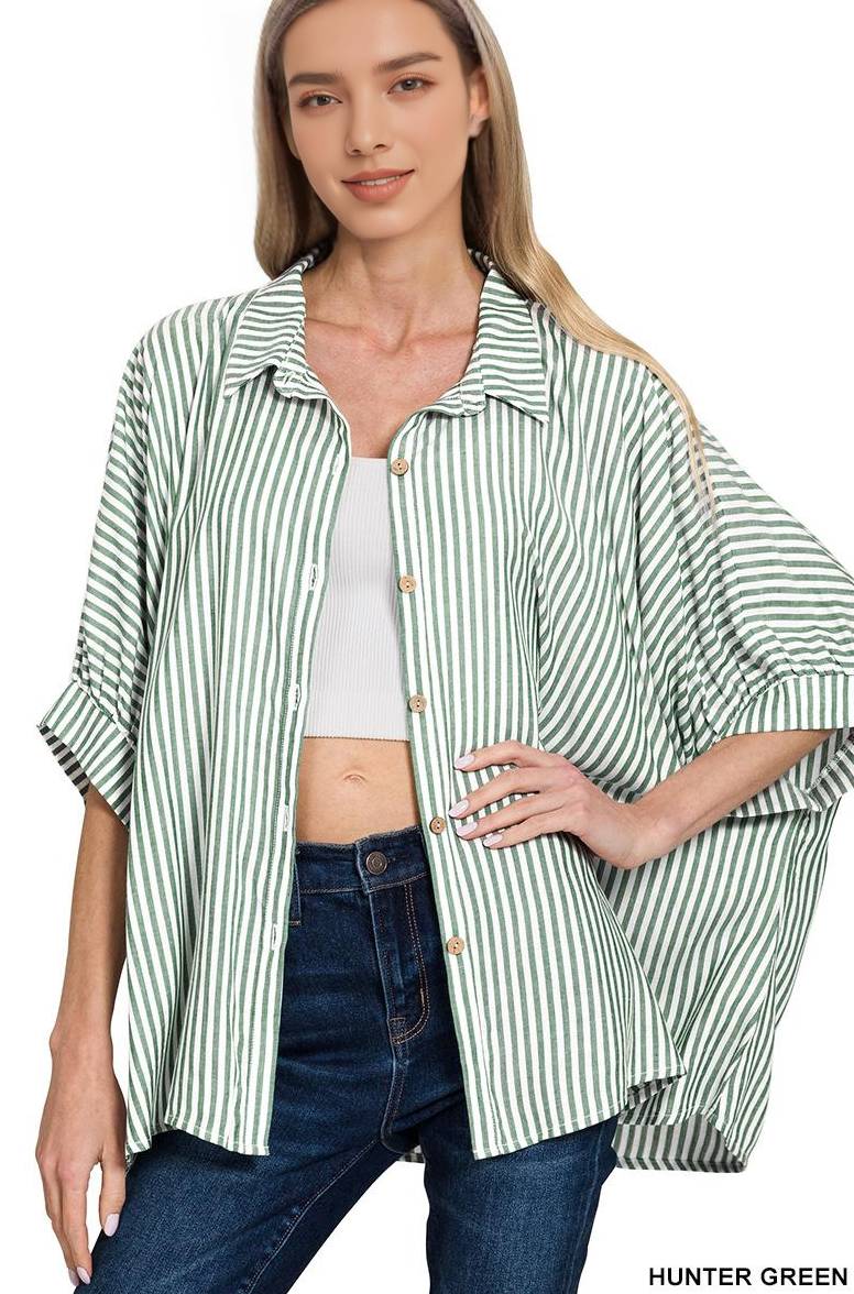 ..._ Oversized Striped Short Sleeve Button Up Shirt