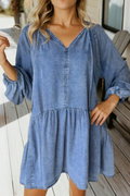 Puff Sleeve V Neck Ruffled Loose Denim Mini Dress (S-Xl)