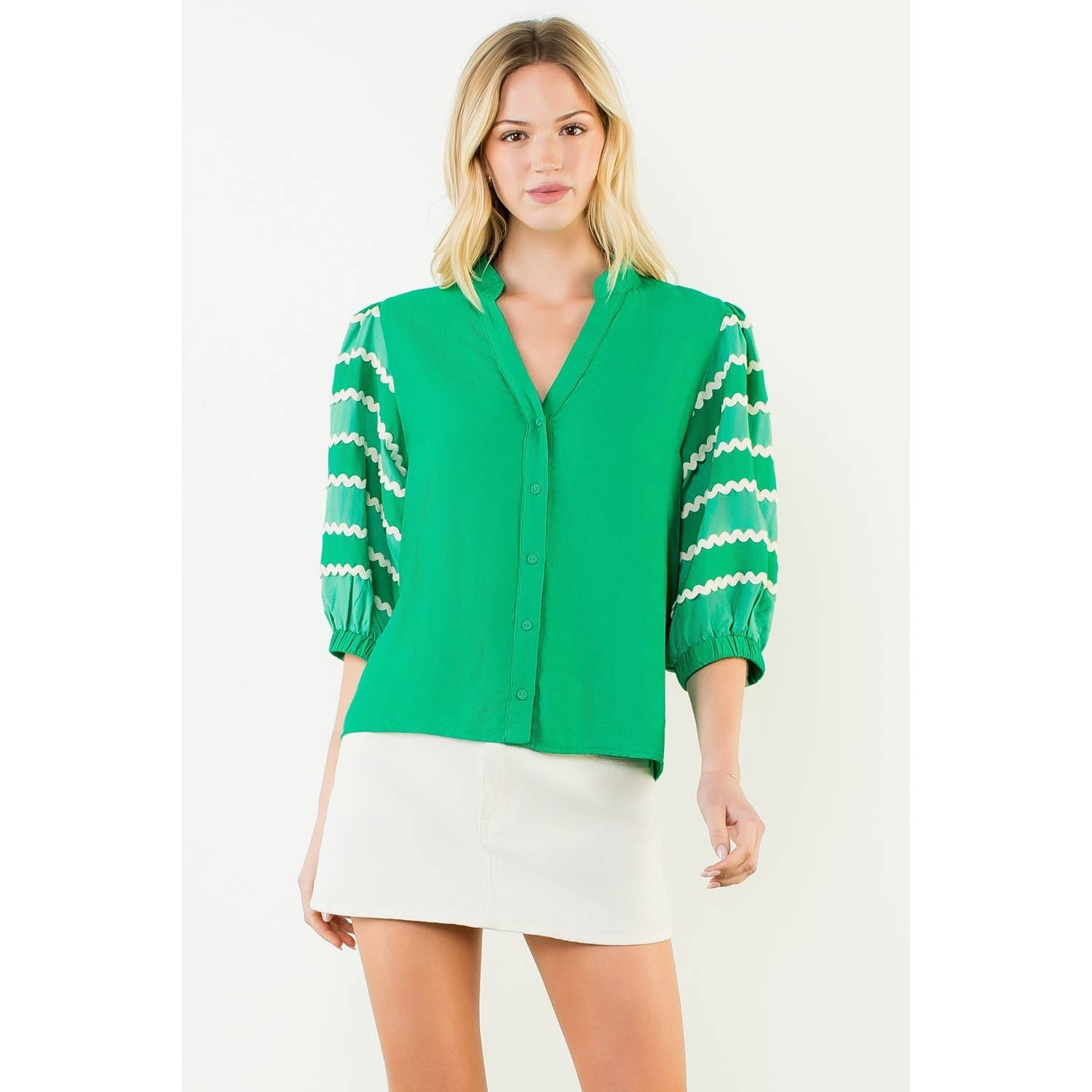 Embroidery Detail Puff Sleeve Button Down Top