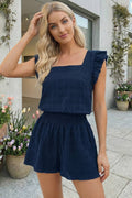 Textured Square Neck Top and Shirred Shorts Set (S-Xl)