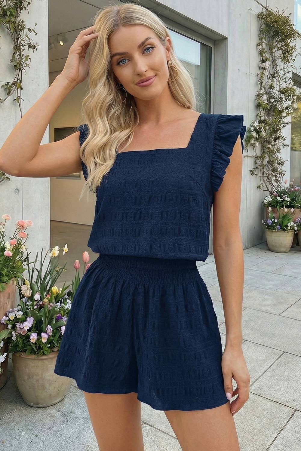Textured Square Neck Top and Shirred Shorts Set (S-Xl)