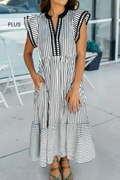 Plus Size Stripe V Neck Tiered Flutter Sleeve Maxi Dress