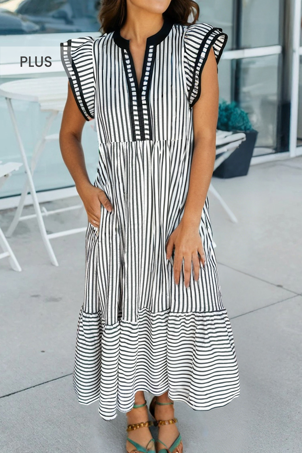 Plus Size Stripe V Neck Tiered Flutter Sleeve Maxi Dress