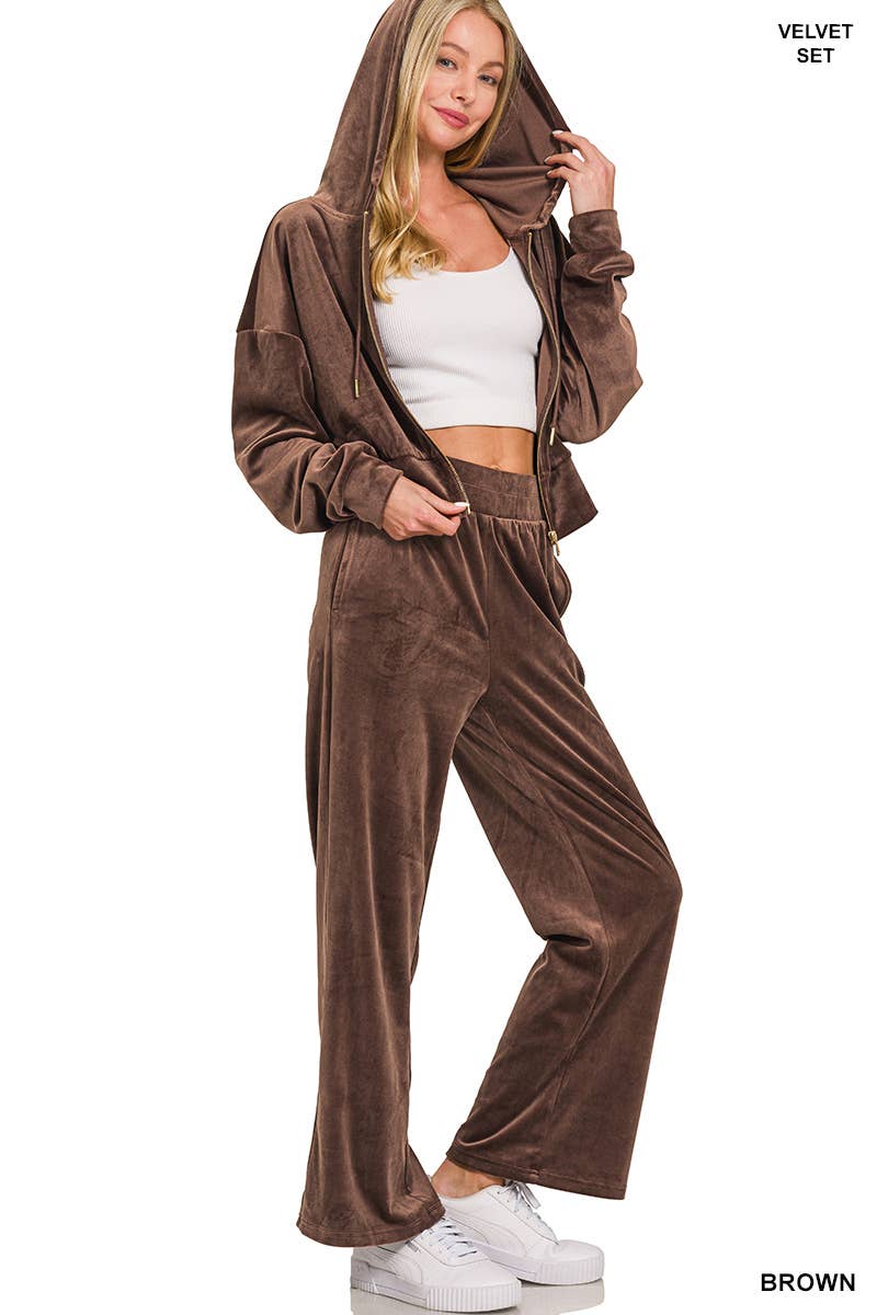 .SI-26786 Velvet Zip Up Hoodie and Pants 2pc Set